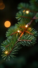 Pine branch with fairy lights glowing softly. Festive holiday decoration with warm bokeh and rustic