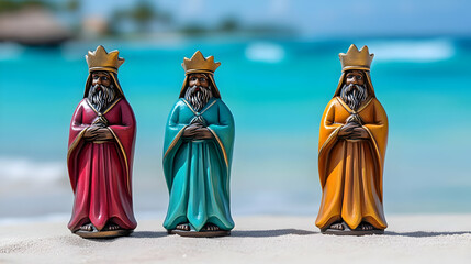 Fototapeta premium Reyes Magos in a serene beach setting with plain background and copy space concept as Tranquil scene of Reyes Magos on a serene beach set against a plain background that highlights the ocean and sand 