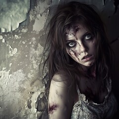 Zombie woman. Post-apocalyptic makeup. Horror. Holiday. Traditions.