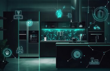 Smart kitchen interior with futuristic technology interface.
