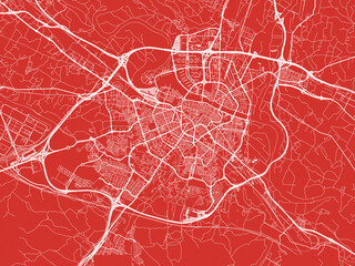 Christmas Map of Zaragoza, Spain in Snowy White on Festive Red Background.