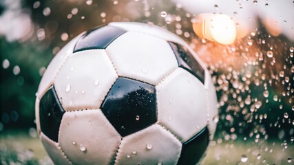 Fototapeta premium Close-up of a Wet Soccer Ball with Water Droplets