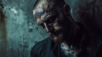 Zombie man. Post-apocalyptic makeup. Horror. Holiday. Traditions.