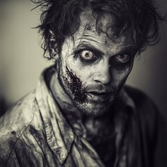 Zombie man. Post-apocalyptic makeup. Horror. Holiday. Traditions.