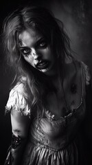 Zombie woman. Post-apocalyptic makeup. Horror. Holiday. Traditions.