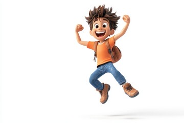 3D cartoon character of a young boy with spiky brown hair who is energetically jumping in the air