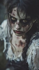 Zombie woman. Post-apocalyptic makeup. Horror. Holiday. Traditions.