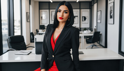 A fashionable Middle Eastern woman with olive skin, sleek straight black hair, a bold red lip, wearing a tailored blazer, and high heels, posing in a chic office environment, strong and independent
