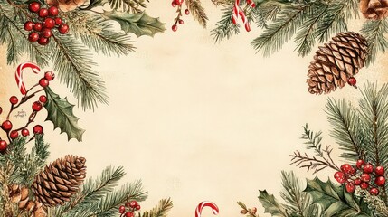  Classic Christmas theme with pinecones, holly leaves, and candy canes forming a border, framing a spacious light beige center for message or design.