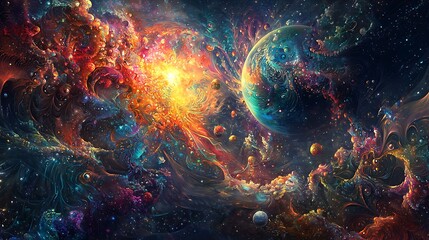 Vibrant Cosmic Landscape with Colorful Nebula and Celestial Bodies