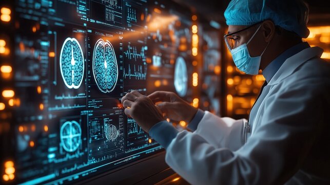 Doctor analyzes patient brain scans on large touch screen display. Futuristic medical tech interface shows brain images, data. Expert in medical research examines virtual patient records. Advanced