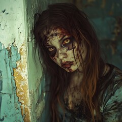 Zombie woman. Post-apocalyptic makeup. Horror. Holiday. Traditions.