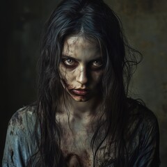 Zombie woman. Post-apocalyptic makeup. Horror. Holiday. Traditions.
