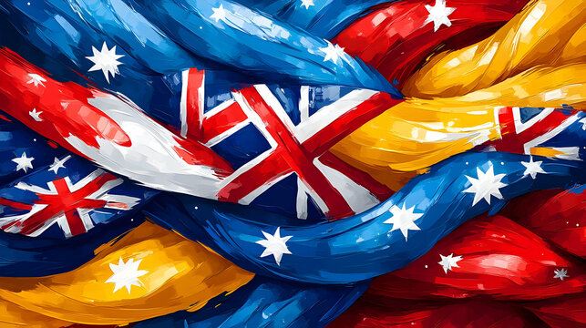 Soft Abstract Australia Day Unity concept as Soft abstract digital art background featuring intertwined Australian symbols and vibrant colors symbolizing national unity and celebration with ample copy