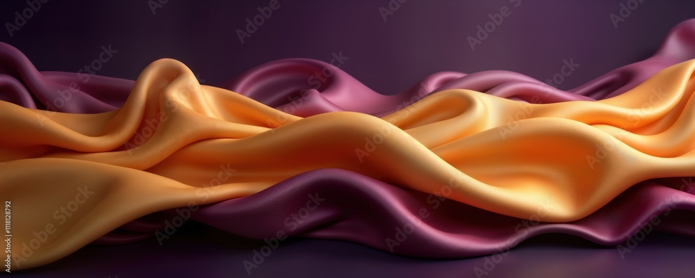 Poster abstract illustration features luxurious flowing silk fabric in bright gold, purple gradient. elegan