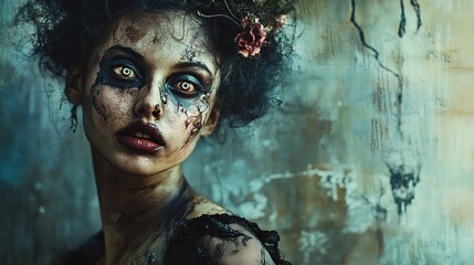 Zombie woman. Post-apocalyptic makeup. Horror. Holiday. Traditions.