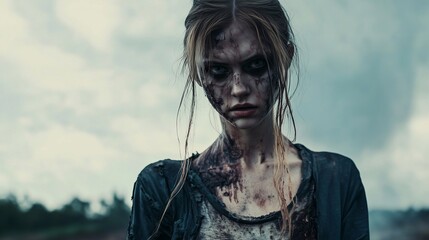 Zombie woman. Post-apocalyptic makeup. Horror. Holiday. Traditions.