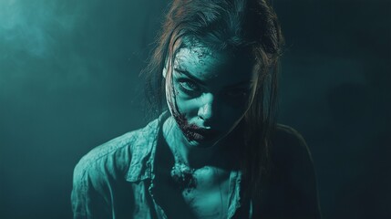 Zombie woman. Post-apocalyptic makeup. Horror. Holiday. Traditions.