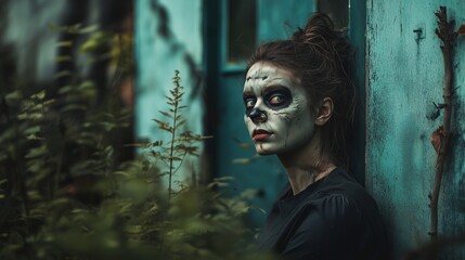 Zombie woman. Post-apocalyptic makeup. Horror. Holiday. Traditions.