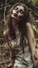 Zombie woman. Post-apocalyptic makeup. Horror. Holiday. Traditions.