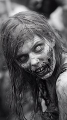 Zombie woman. Post-apocalyptic makeup. Horror. Holiday. Traditions.