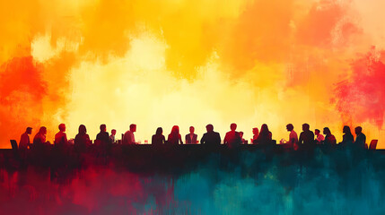 Soft Abstract Community Meeting concept as Soft abstract digital art depicting a virtual community meeting with team members collaborating evoking feelings of unity and engagement with ample copy spac