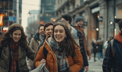 A group of young friends walk happily down a bustling city street, dressed warmly and sharing laughter, capturing the essence of youth, friendship, and urban life