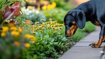 Black and tan dachshund sniffing yellow flowers in a vibrant garden on a sunny day