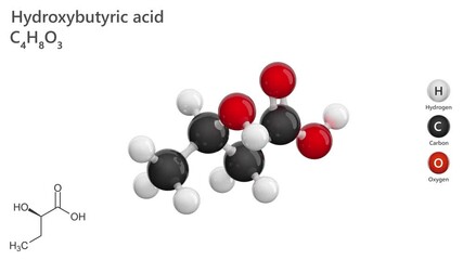 2-Hydroxybutyric Acid or alpha-hydroxybutyric acid. Animated 3D model of a molecule. Molecular formula: C4H8O3. Chemical model: Ball and sticks. White background. 3D rendering. Seamless loop.