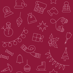 Repeatable pattern for Christmas wrapping paper. Lined icons on red, burgundy background. 
