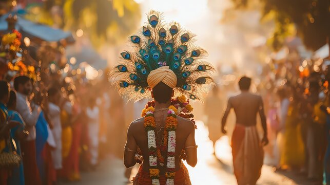  Devotee carrying vibrantly decorated kavadi adorned with peacock feathers, flowers, and bells, walking barefoot on sunlit street surrounded by cheering traditional crowds.