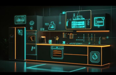Futuristic smart kitchen with glowing interfaces.