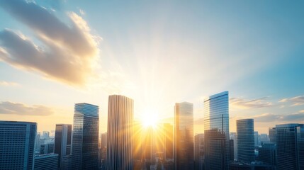 Fototapeta premium The sun is setting over a city with tall buildings