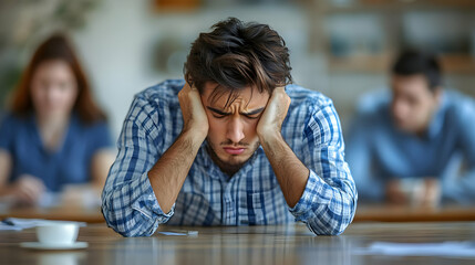 Stressed Team Meeting concept as Group of employees in a meeting room showing signs of stress and frustration highlighting Blue Monday challenges for magazine advertisement with copy space. in  Photo 