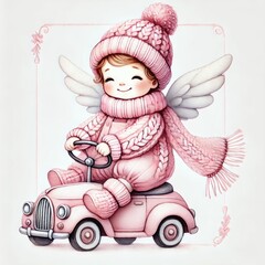 Fototapeta premium A cheerful child in a cozy pink outfit and wings, joyfully riding a toy car, capturing the essence of childhood happiness.