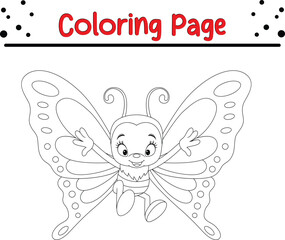 Cute Butterfly coloring page for kids. Black and white Moth coloring book page.