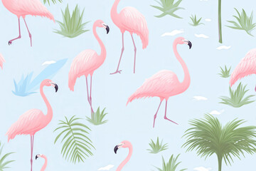 Fototapeta premium A colorful and vibrant image of flamingos standing in front of palm trees. The flamingos are pink and are spread out across the image, with some standing closer to the foreground