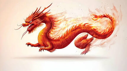 Obraz premium Vector of a red Chinese dragon in flight isolated on white background. concept as A dynamic vector illustration of a red Chinese dragon soaring through the air showcasing intricate scales and fiery de