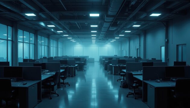 A dimly lit, empty office space with rows of desks and computers, creating a gloomy and eerie atmosphere. The blue lighting adds to the cold, desolate feel of the room