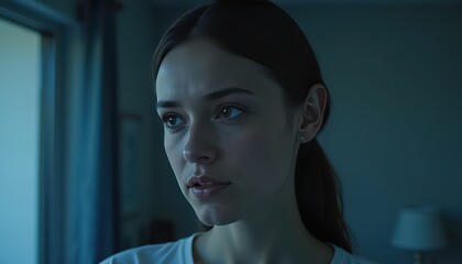 A person is standing indoors near a window with blue curtains. The room has a lamp and a framed picture on the wall. The lighting is dim, creating a blue-toned atmosphere