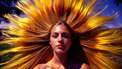A Woman with Long Blonde Hair Flowing in the Wind