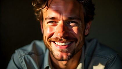 Obraz premium Smiling Caucasian man with shadows on his face on a plain background