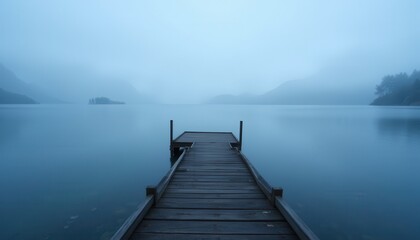 Obraz premium A wooden pier extends into a calm, misty lake surrounded by fog-covered mountains, creating a serene and solitary atmosphere