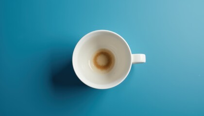 An empty white coffee cup with a coffee stain ring at the bottom is placed on a blue surface, viewed from above. The image highlights the remnants of a finished drink, suggesting a moment of pause or 