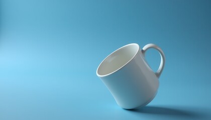 A white empty coffee cup is tilted on its side against a blue background, creating a minimalist and visually appealing composition
