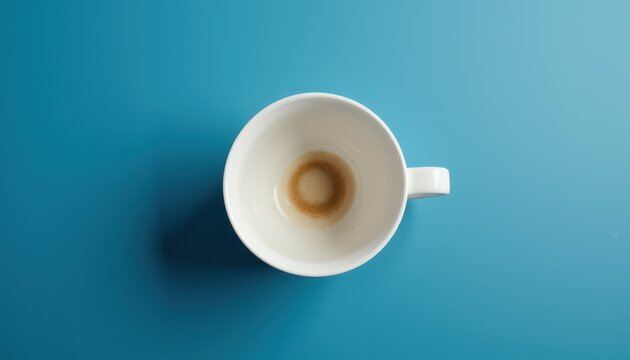 An empty white coffee cup with a coffee stain ring at the bottom is placed on a blue surface, viewed from above. The image highlights the remnants of a finished drink, suggesting a moment of pause or 