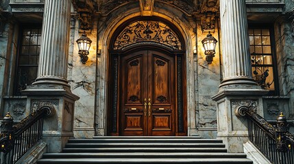 Fototapeta premium A grand wooden door with intricate carvings, flanked by marble columns and lit by ornate lamps, leads to a stately building.