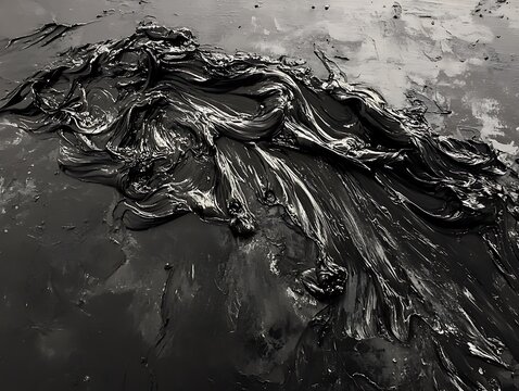Abstract black liquid swirls on dark surface.