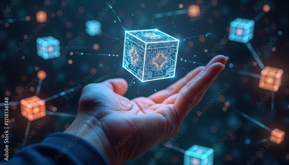 Fototapete hand holds digital block in virtual space. holographic network of connected blocks surrounds hand. f