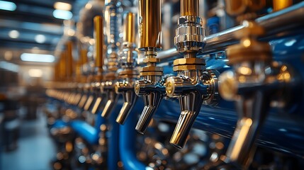 Detailed industrial photography of beer tap system featuring chrome metal valves, brass fittings, and blue pipes, captured with selective&nbsp;focus and shallow depth of field.